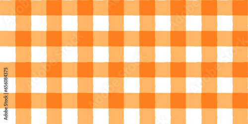 Hand drawn irregular orange and white vector check seamless pattern, wavy plaid, gingham design for autumn and Thanksgiving background 
