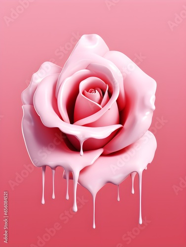 Beautiful pink rose flower from which droplets of paint are dripping in monochromatic tones on a minimal modern pastel background, dew, artistic design abstract