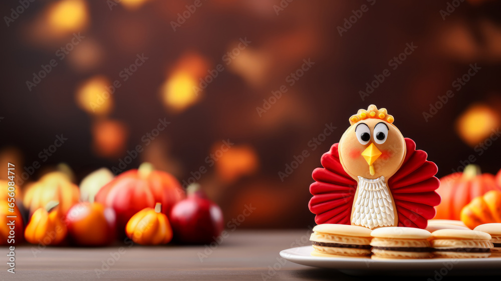 Obraz premium Plate of Thanksgiving Cookies on dark wooden table with pumpkins and apples on background. Horizontal.