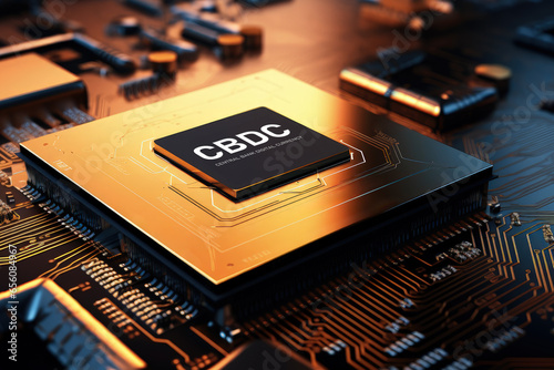 Close up of a computer chip with Central Bank Digital Currency concept photo