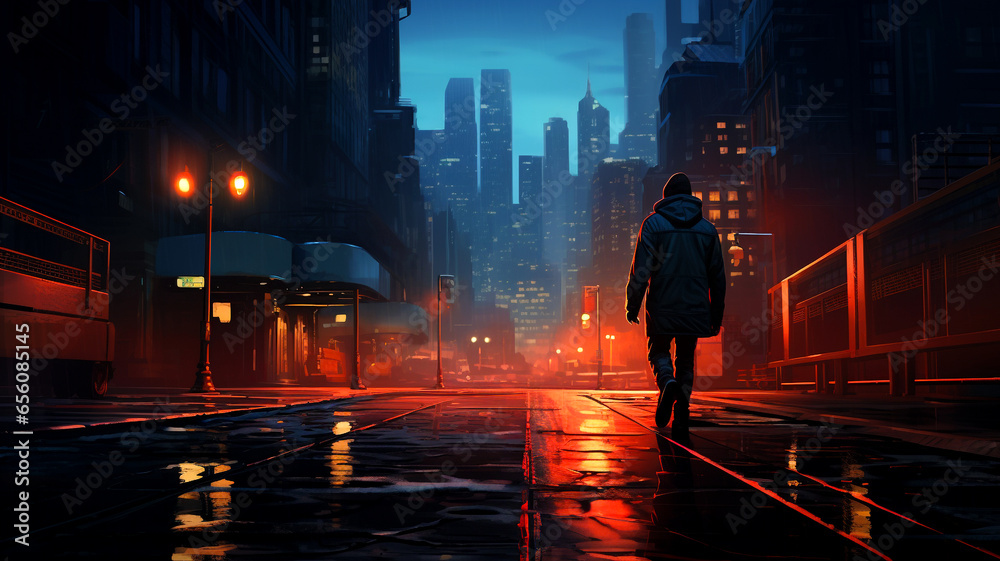 a walk through a darkened city at night
