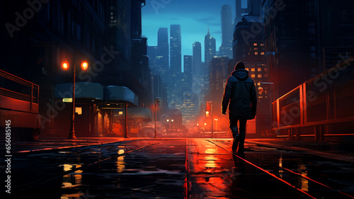 a walk through a darkened city at night