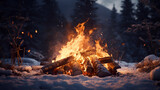 A glowing bonfire like an oasis of warmth in the snow-covered landscape. Campfire in the middle of the harsh winter. Bright flame bonfire in winter nature.
