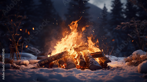 A glowing bonfire like an oasis of warmth in the snow-covered landscape. Campfire in the middle of the harsh winter. Bright flame bonfire in winter nature.