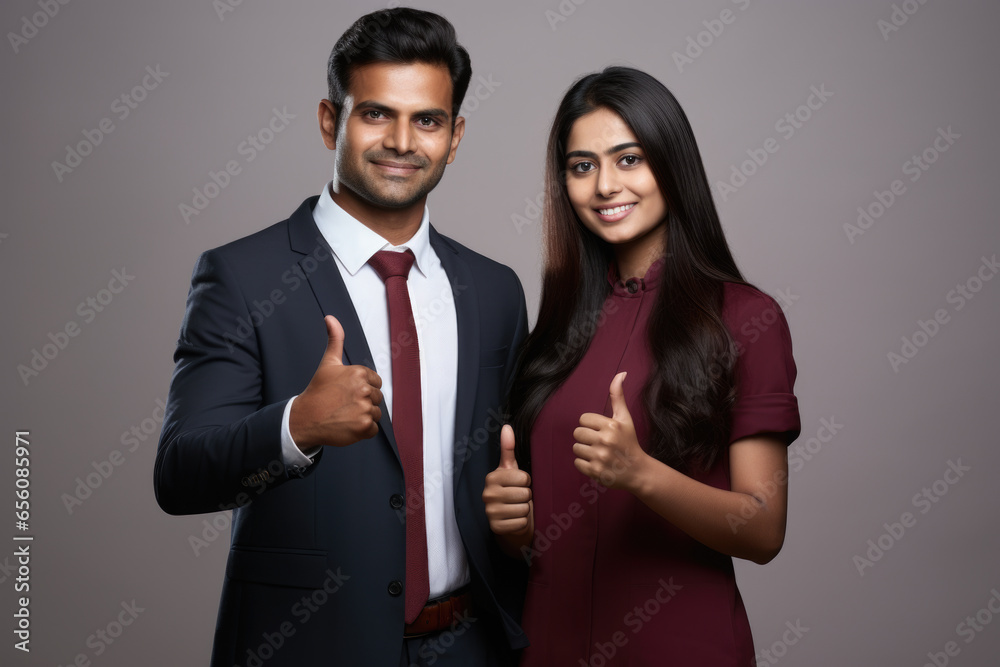 Picture of man and woman showing their approval with thumbs up gesture. This image can be used to represent agreement, success, or positive feedback in various contexts. Picture of man and woman showing their approval with thumbs up gesture. This image can be used to represent agreement, success, or positive feedback in various contexts.