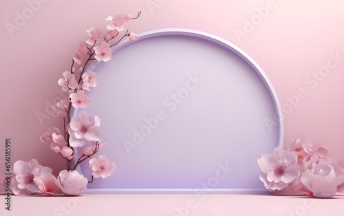 Premium podium, stand on pastel, pink, purple background. Empty space for a product presentation mock up, 3d, render with copy space, March 8. Romance showcase with flowers, roses, love.