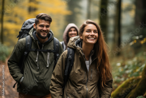 Group of people walking together in forest. This image can be used to depict hiking, nature walks, or outdoor activities.