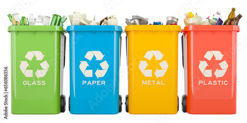 Recycling trash cans with glass, paper, metallic and plastic waste, 3D rendering isolated on transparent background