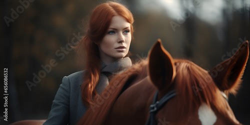 Beautiful red-haired girl riding a horse © foto.katarinka