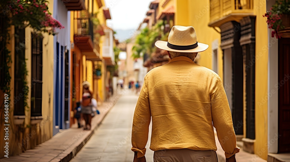 Elderly man in a fedora exploring the cobblestone streets of Cartagena amidst yellow colonial buildings. An old Colombian native walks down the street. generative AI