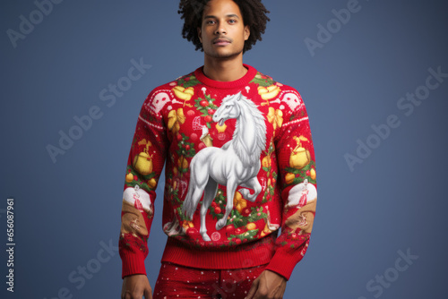 Isolated handsome man wearing ugly christmas sweater.