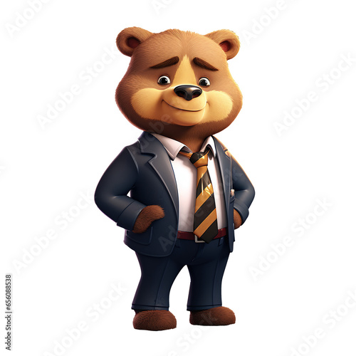 A simple animated character of a teddy bear dressed in elegant clothes