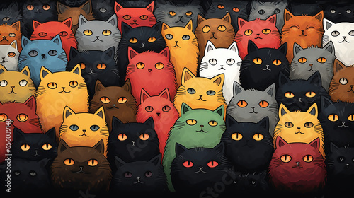 Graphics of cats standing in several rows one behind the other
