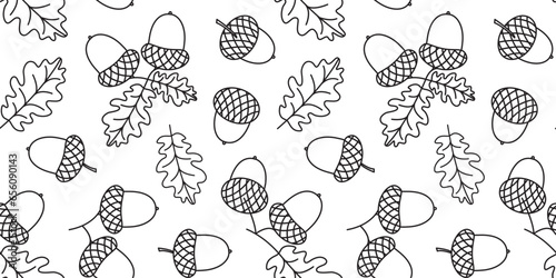 Christmas acorn vector seamless pattern, oak leaf, nut and branch, black outline silhouette isolated on white background. Nature simple print