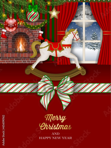 christmas card with christmas tree, fireplace and rocking horse