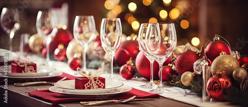 Chrstmas table setting, festive dinner decoration, ai generated