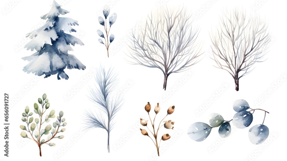 Winter watercolor style elements, isolated on white. - obrazy, fototapety, plakaty 