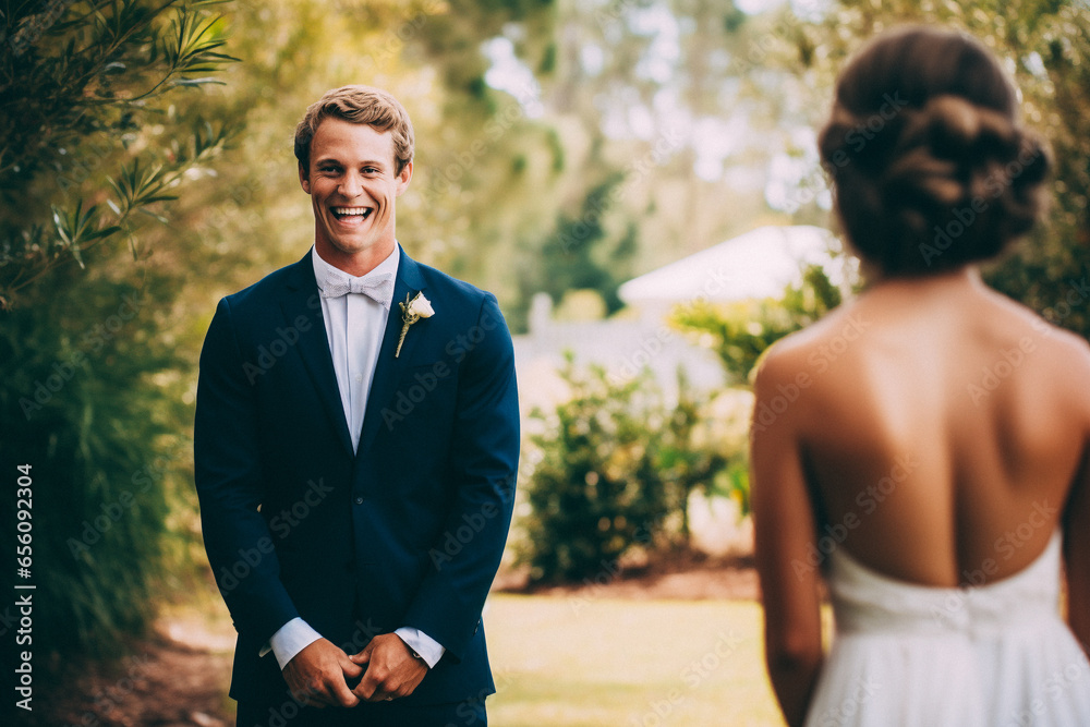 First Look Candid shot capturing the groom's reaction First Look Candid shot capturing the groom's reaction