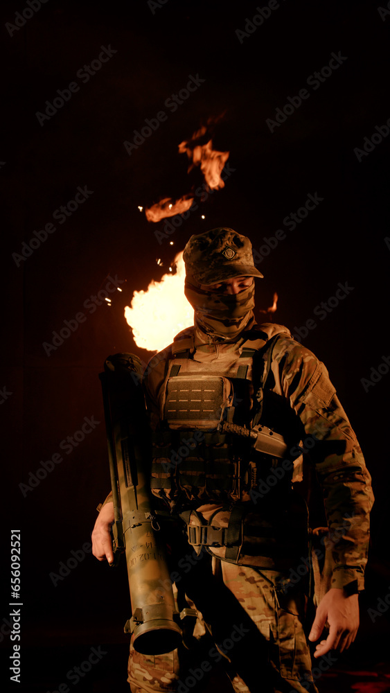 Fototapeta premium Soldier on black background. Freedom calls