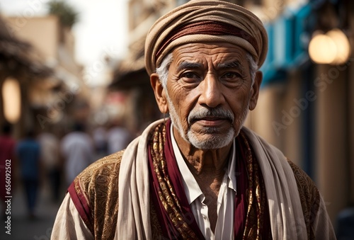 Portrait of elderly Egyptian man in traditional clothing style , diversity, ethnicity background, people banner, copy space text 