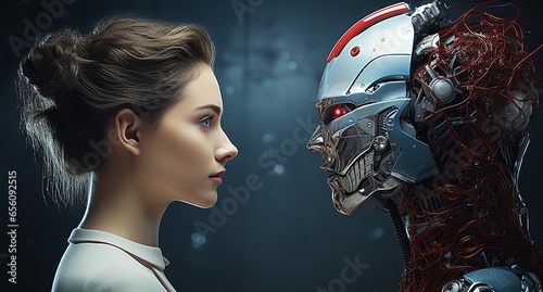 Woman opposite AI robot. The concept of confrontation between humanity love and artificial intelligence