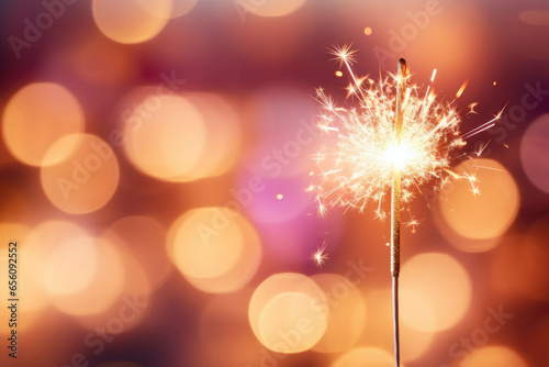 Burning sparkler on bokeh light background. Generative AI