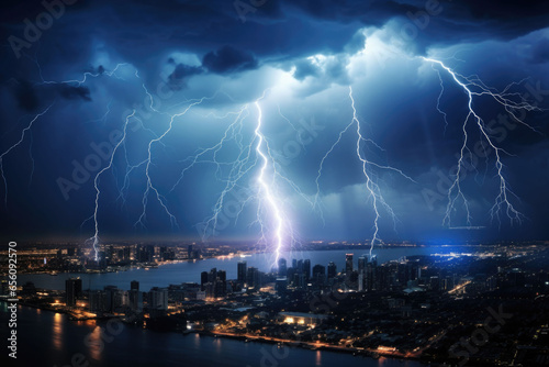 Lightning thunderstorm flash over the city at night sky. Generative AI photo