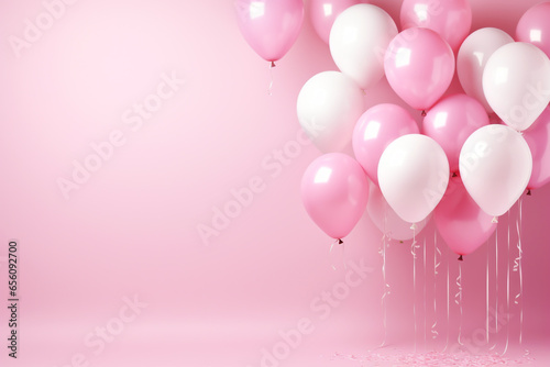 rosane pinke und weiße Ballons mit Platz für Text. Querformat. Generative Ai.