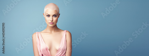 Young pretty bald woman with shaved head isolated on blue flat background with copy space. Baldness, alopecia areata from radiation therapy. photo