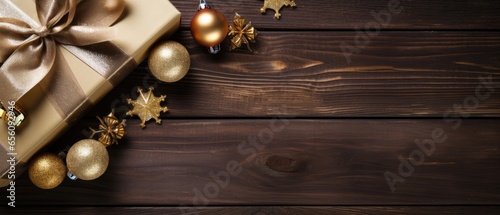 Dark Christmas background, xmas flat lay with copyspace, golden decoration, free space for text, ai generated