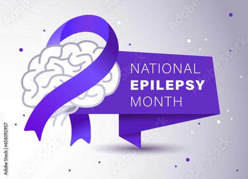 National Epilepsy Month. Brain and awareness ribbon. Vector illustration