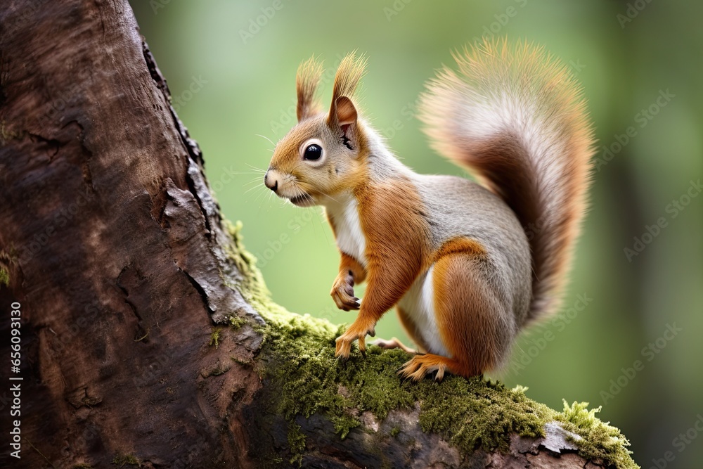 Closeup of an adorable red squirrel in its natural woodland habitat, curiously perched on a tree branch, with fluffy fur and bushy tail. Closeup of an adorable red squirrel in its natural woodland habitat, curiously perched on a tree branch, with fluffy fur and bushy tail.