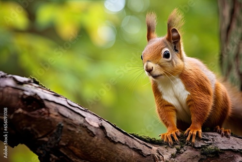 Closeup of an adorable red squirrel in its natural woodland habitat, curiously perched on a tree branch, with fluffy fur and bushy tail.