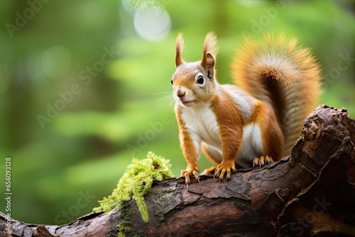 Closeup of an adorable red squirrel in its natural woodland habitat, curiously perched on a tree branch, with fluffy fur and bushy tail.