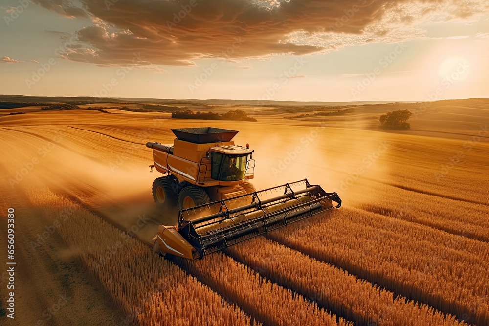 Harvesting season in the rural countryside. Agricultural machinery at work, collecting golden crops under the vast blue sky. - obrazy, fototapety, plakaty 