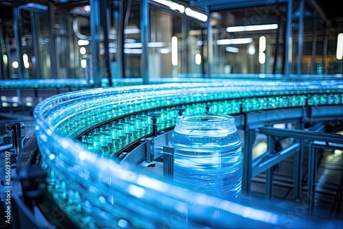 High-tech industrial water bottling plant in action. Automated machinery ensures pure and fresh water production, promoting ecological health.