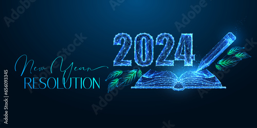 Abstract 2024 New Year resolution concept banner with open notebook, pencil and 2024 digits on blue