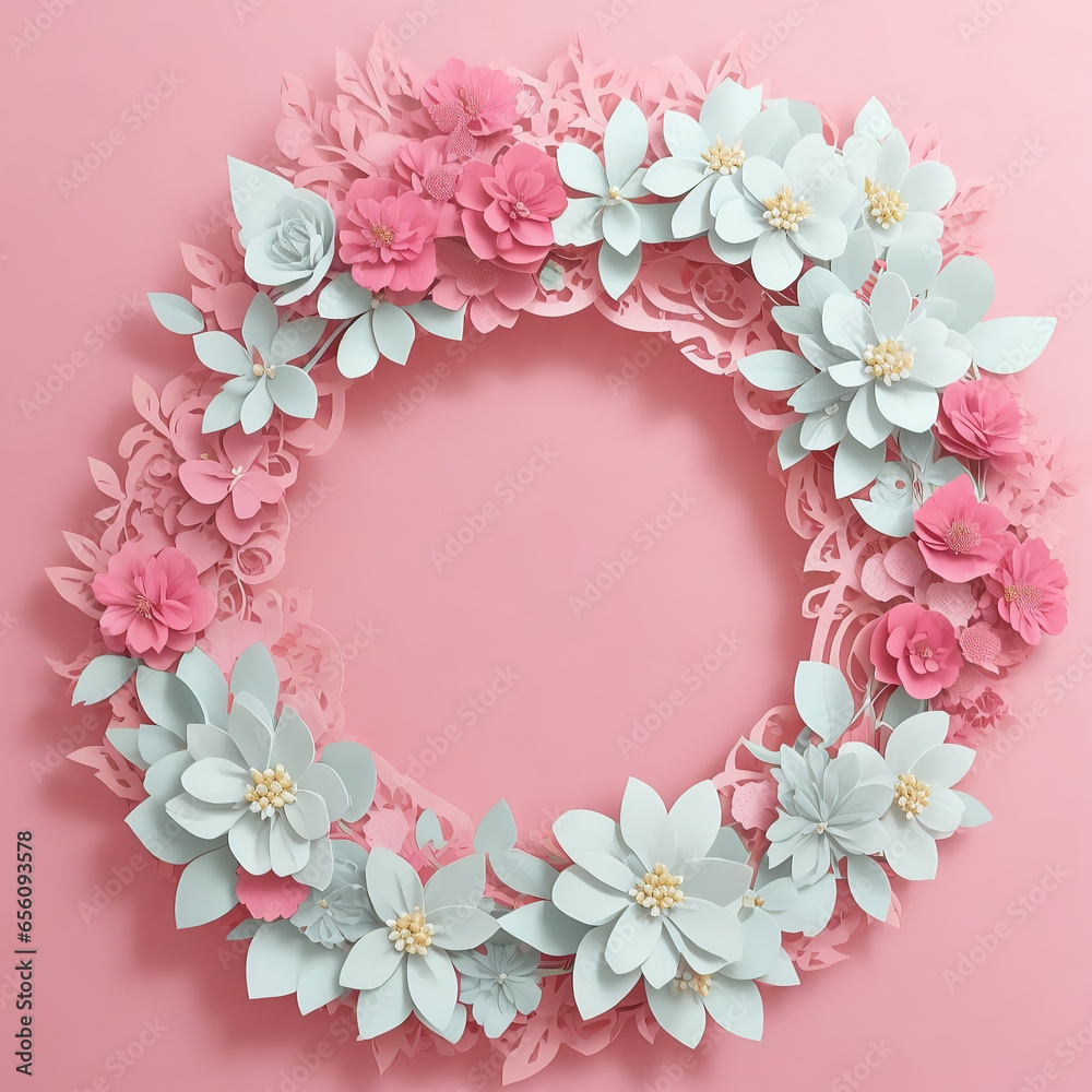 Round floral frame, on a soft pink background.