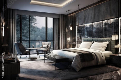 Experience modern luxury in this beautiful, clean, and elegant interior design. This contemporary bedroom in a stylish apartment features comfortable bedding, furniture, and decor.  © ChaoticMind