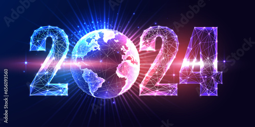 Futuristic 2024 global metaverse world New Year concept banner on dark purple pink, blue background