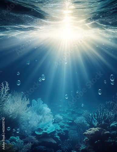 Stampa su tela Sea background with bubbles and sunlight, the seabed without abodes