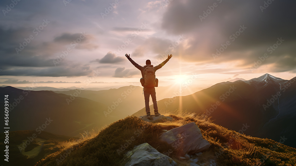 a moment of pure triumph and exhilaration as a happy man stands atop a majestic mountain, arms raised high, and joyfully leaps into the air to celebrate his successful hike