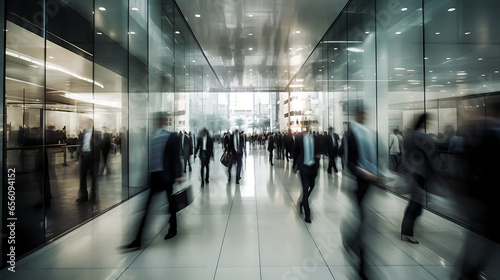 bustling energy of a modern business setting, a crowd of business people walking briskly through a sleek and contemporary entrance area. The business people are intentiona