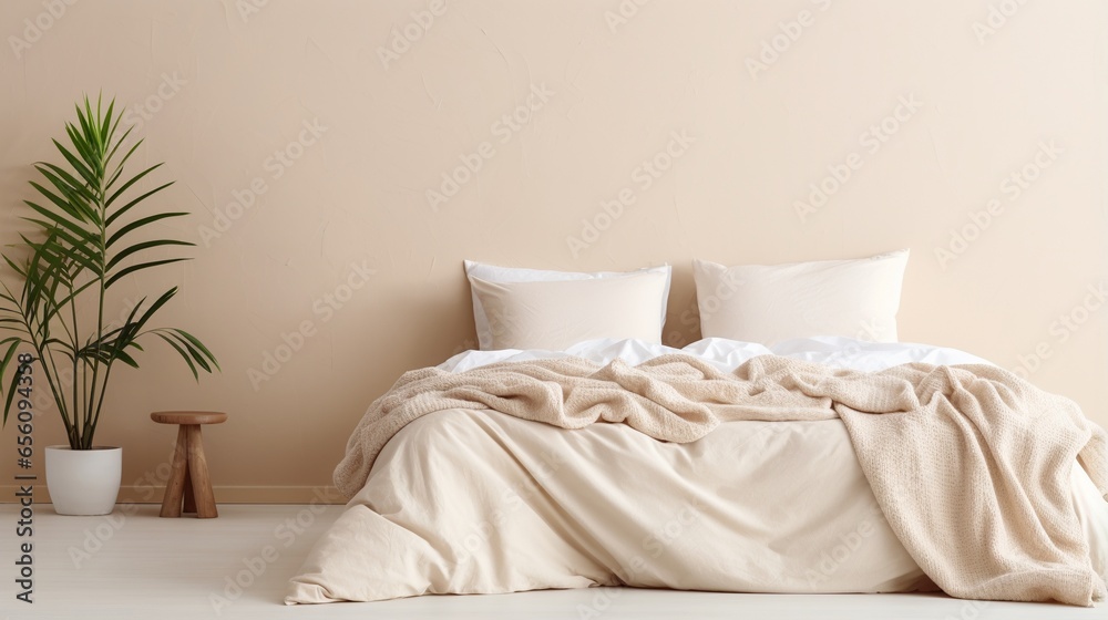 Light, cute and cozy home bedroom interior with unmade bed, cream linen sheets and cushions on empty white wall background.