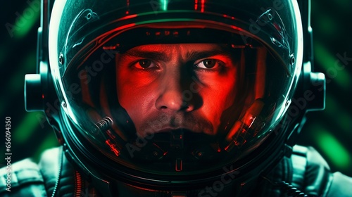 close up portrait of young astronaut working on space mission under red and green colorful neon light, story telling scene.