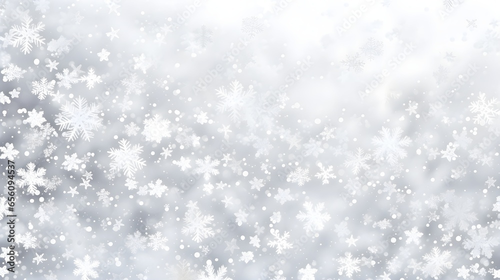 Fototapeta premium Abstract winter snow with white snowflakes confetti and bokeh. Festive minimal background.