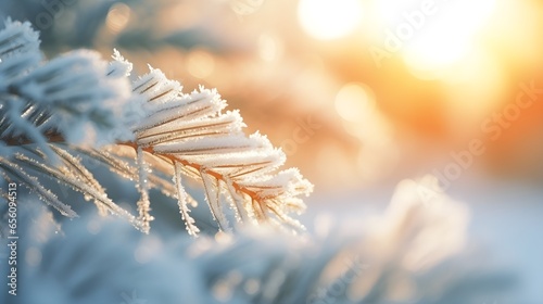 Winter abstract minimal background with fir tree branches covered with snow and copy space. photo