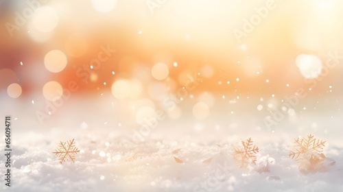 Abstract winter snow with golden snowflakes and bokeh. Festive minimal background.