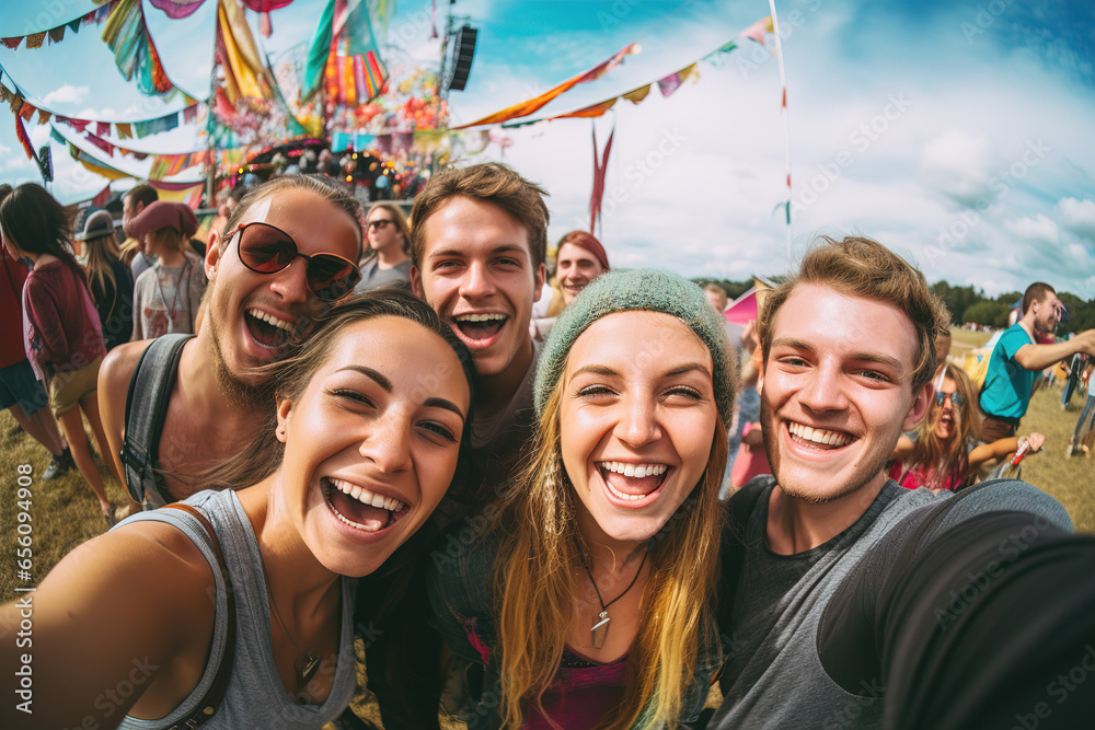 Selfie of a group of people at a festival. Ai generative.