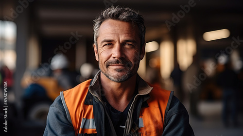 Portrait of a smiling construction worker. Ai generative.